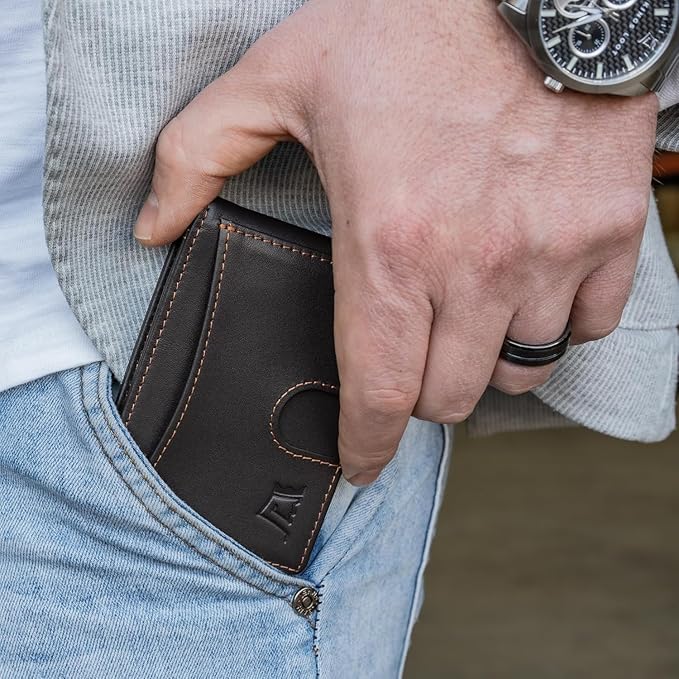 Kings Loot Money Clip Slim Minimalist Wallet for Men – RFID Blocking Leather Design with Money Clip – Front Pocket Bifold Holds 12 Cards – Stylish & Compact Wallets (Truffle/Engraved)