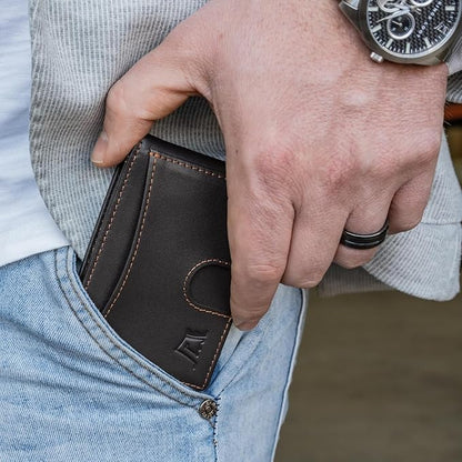 Kings Loot Money Clip Slim Minimalist Wallet for Men – RFID Blocking Leather Design with Money Clip – Front Pocket Bifold Holds 12 Cards – Stylish & Compact Wallets (Truffle/Engraved)