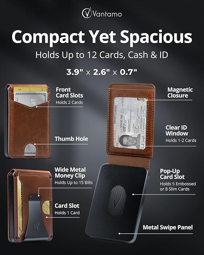 Vantamo Premium Wallet for Men with Money Clip & Card Holder, Compact & Slim Wallet with RFID, 8-12 Cards, Perfect Gifts for Men
