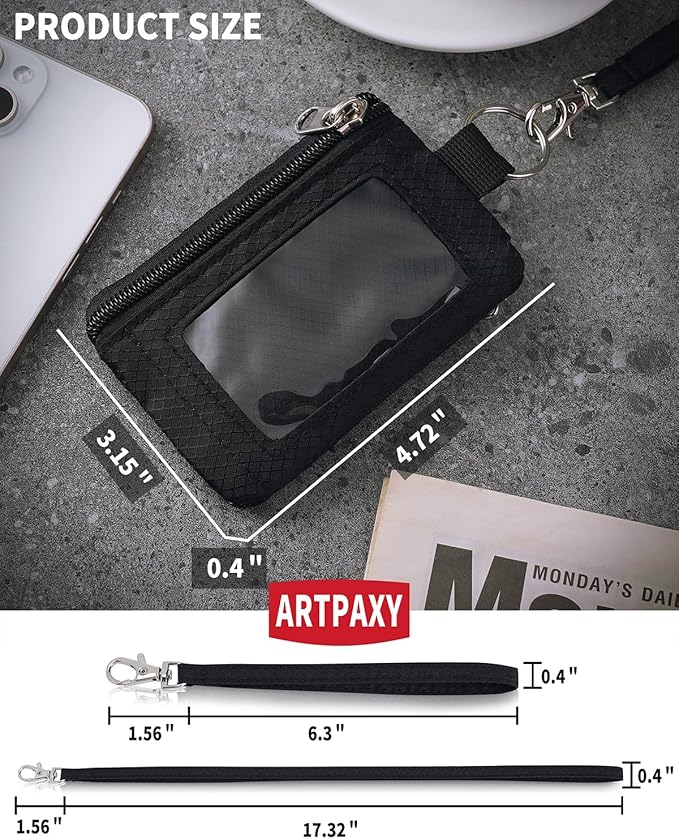 Minimalist Wallet For Mens Womens, Keychain RFID Blocking Zipper Small Wallet with ID Window 2 Lanyards,Water Resistant Travel Cash Card Coin Case Boys Girls