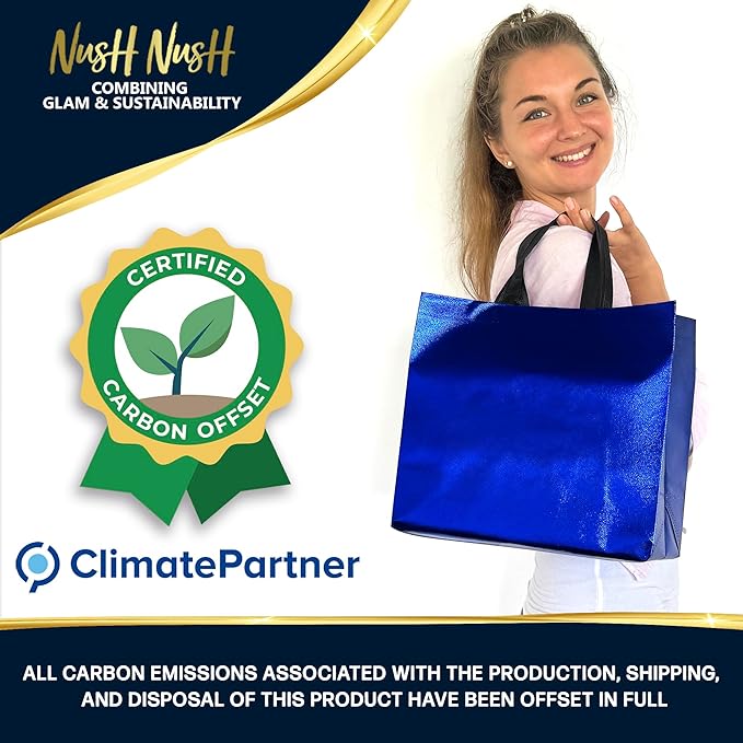 Nush Nush Shiny Large Blue Gift Bags Bulk – Set of 60 Reusable Blue Large Gift Bags with Handles - Ideal Goodie Bag for Birthday Party Favors, Small Business, Wedding, Holiday, Events – 13Wx5Dx11H