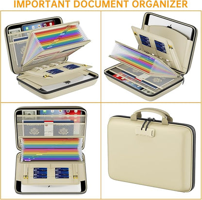 DocSafe Fireproof File Organizer with Lock, Hard-Shell Case Fireproof Document Box with 13 Pocket Accordion File Folder, Portable Home Office Travel Safe Storage for Important Documents Laptop Beige