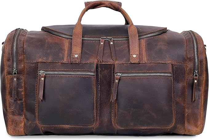 28" Vintage Duffel Classic Style with Modern Outlook Retro Thick Full Grain Cowhide Handmade Airplane Underseat Carry On Bags Leather Gym Overnight Luggage Bag (24 inch)