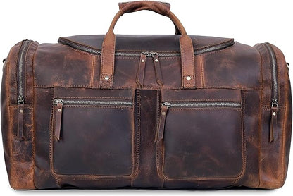 28" Vintage Duffel Classic Style with Modern Outlook Retro Thick Full Grain Cowhide Handmade Airplane Underseat Carry On Bags Leather Gym Overnight Luggage Bag (24 inch)