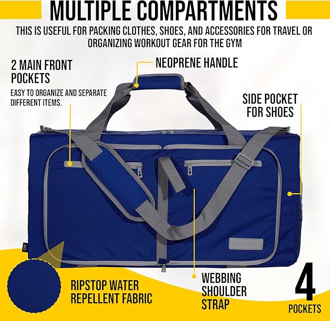 LEGEND 40L Foldable Duffle Bag for Travel - Packable Duffle Bags w/Shoe Compartment - Tear Resistant Collapsible Duffel Bags for Traveling - Lightweight Folding Duffel Bag for Men & Women -Royal Blue
