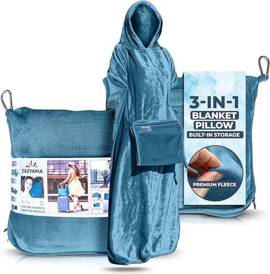 3-in-1 Travel Blanket Airplane – Compact with Bag & Pillow Combo Set, Dusty Blue Ultra-Soft Fleece | Packable Blanket Compact | Hidden Pocket | Trolley Sleeve | Carabiner | Travel Essentials