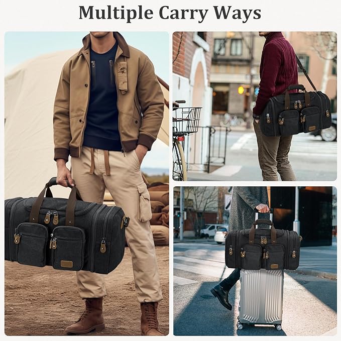 Gonex Canvas Duffle Bag for Travel, Expandable Water Resistant 60L Carry on Duffel Overnight Weekender Gym Bag with Wet Dry Separation Pocket & Suitcase Handle Sleeve, Dark Grey