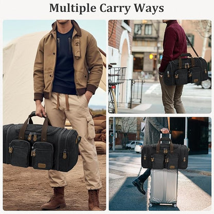 Gonex Canvas Duffle Bag for Travel, Expandable Water Resistant 60L Carry on Duffel Overnight Weekender Gym Bag with Wet Dry Separation Pocket & Suitcase Handle Sleeve, Dark Grey