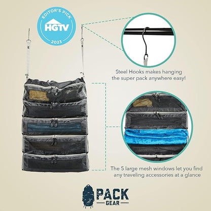 Pack Gear Hanging Suitcase Organizer - Our XL Hanging Luggage Organizer Perfectly Fits Any Suitcase - Our Packing Cubes For Travel Use Mesh Windows to Make Finding Any Outfit Easy (Black, XL)