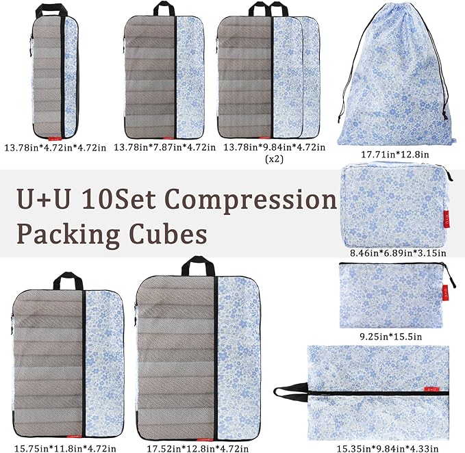 U+U 10 Set Compression Packing Cubes - Ultralight Travel Organizers with Laundry Bag and Cosmetic Bag, Space-Saving Suitcase Organizer for Travel, Business Trip and Family Vacation (Blue Flower)