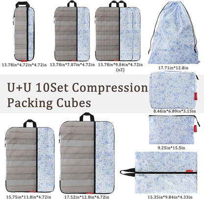 U+U 10 Set Compression Packing Cubes - Ultralight Travel Organizers with Laundry Bag and Cosmetic Bag, Space-Saving Suitcase Organizer for Travel, Business Trip and Family Vacation (Blue Flower)