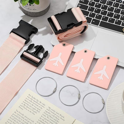 Weewooday 8 Pcs Luggage Straps Suitcase Tags Set for TSA Approved, 4 Travel Adjustable Suitcase Belt, 4 Silicone Luggage Tags with Name ID Card Travel Accessories(Light Pink,Airplane)