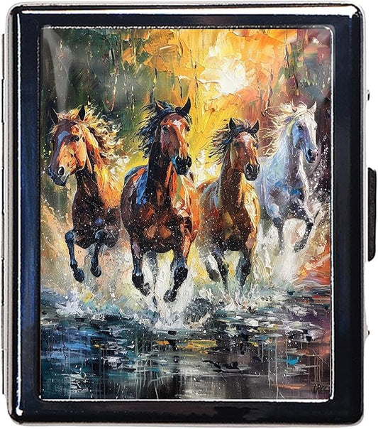 7 Days Chromed Shiny Silver Pill Organizer with Mirror Inside Has 8 Separate Compartments Rectangle 7 Days Pill Box Pill Case (Fine Horse)