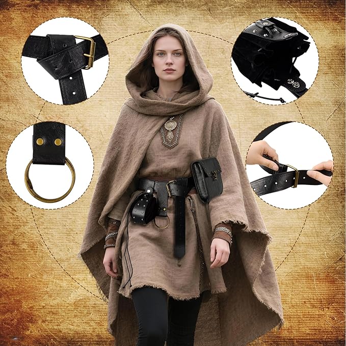 Renaissance Belt Pouch Viking Leather Medieval Belt Waist Bag Pirate Cosplay Festival Halloween Adjustable Accessories (Bottle-Black)