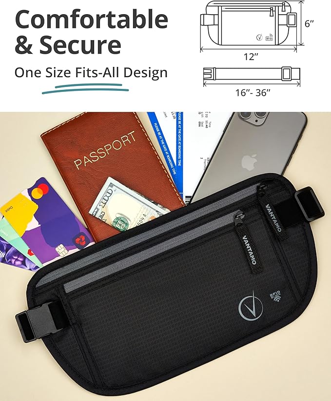 Vantamo Money Belt with RFID For Men & Women, Hidden Passport Holder for Travel, 2 Compartment Travel Fanny Pack for Women Anti Theft
