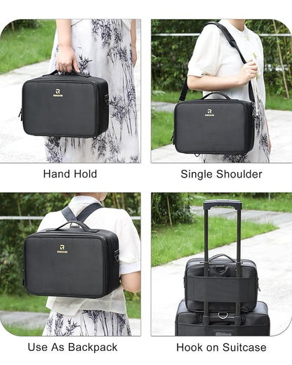 MONSTINA Travel Makeup Train Case,13.8 inches Large Cosmetic Case,Makeup Brush Holder Organizer and Storage with Adjustable Dividers and Shoulder Strap (Black)