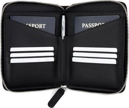 Full Grain Leather Passport Holder for 2 Passports - Dual Passport Holder and Travel Documents Organizer - RFID Travel Wallet for Couples - Black
