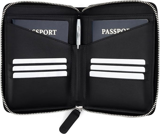 Full Grain Leather Passport Holder for 2 Passports - Dual Passport Holder and Travel Documents Organizer - RFID Travel Wallet for Couples - Black