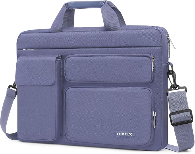 MOSISO Laptop Shoulder Bag 15.6 inch, 15-15.6 inch Computer Bag Compatible with MacBook Pro 16 inch, HP, Dell, Lenovo, Notebook with 2 Raised&1 Flapover&1 Horizontal Pocket&Handle&Belt, Lavender Gray