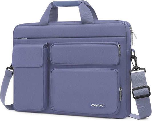 MOSISO Laptop Shoulder Bag 15.6 inch, 15-15.6 inch Computer Bag Compatible with MacBook Pro 16 inch, HP, Dell, Lenovo, Notebook with 2 Raised&1 Flapover&1 Horizontal Pocket&Handle&Belt, Lavender Gray