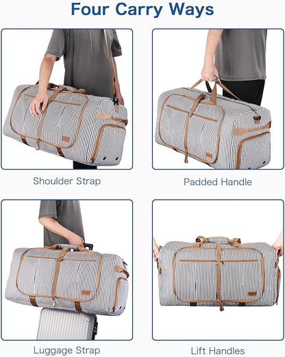 80L Large Duffle Bag for Travel, 26” Travel Duffel Bag with Shoe Compartment, Foldable Collapsible Overnight Bag Gym Bag Weekender Bags for Men Women, Water & Tear Resistant (Stripe, 80L)