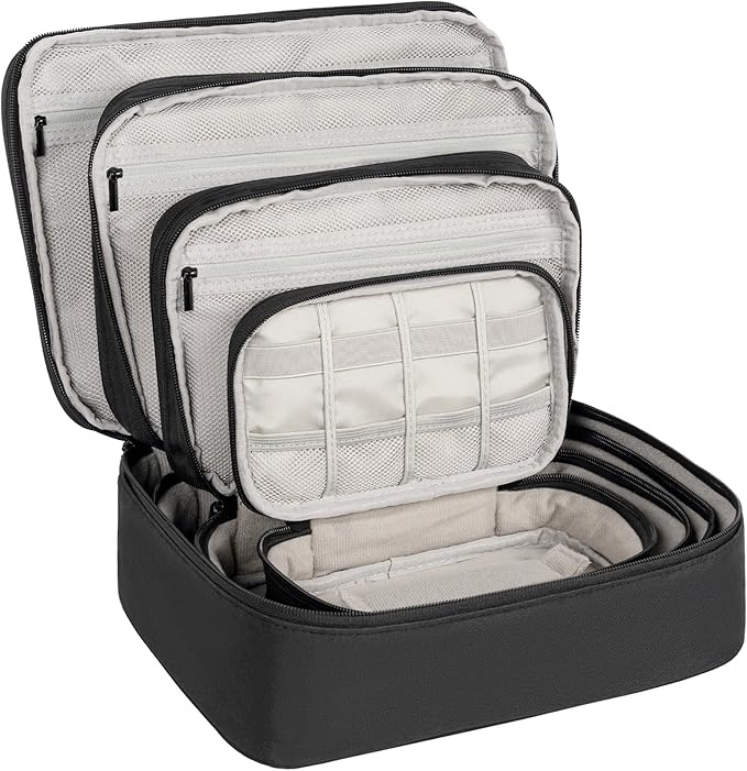 AKOZLIN Padded 4pcs/set Double Layer Travel Organizer Office Cord Cable Electronics Accessories Bag Electrical Cord Management Case Black