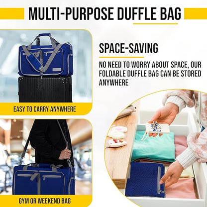 LEGEND 60L Foldable Duffle Bag for Travel - Packable Duffle Bags w/Shoe Compartment - Tear Resistant Collapsible Duffel Bags for Traveling - Lightweight Folding Duffel Bag for Men & Women -Royal Blue