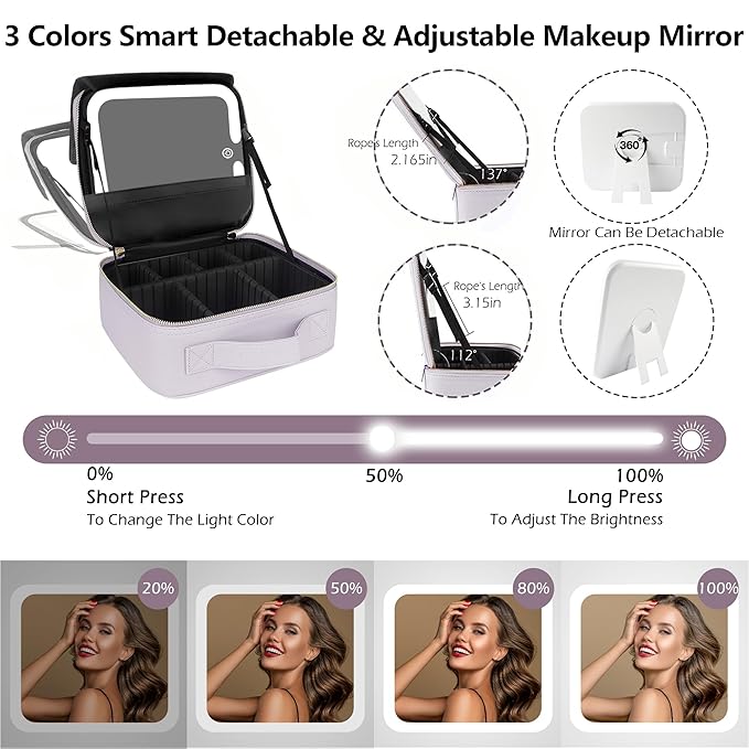 MOMIRA Travel Makeup Bag Cosmetic Bag Makeup Organizer Bag with Lighted Mirror, Adjustable Brightness in 3 Color Scenarios, Waterproof Makeup Train Case, Gift for Women - Violet grey