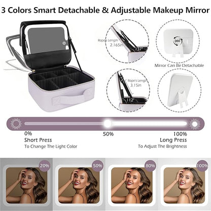 MOMIRA Travel Makeup Bag Cosmetic Bag Makeup Organizer Bag with Lighted Mirror, Adjustable Brightness in 3 Color Scenarios, Waterproof Makeup Train Case, Gift for Women - Violet grey