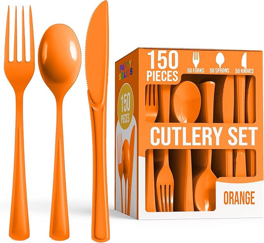 Party Solids Orange Plastic Silverware Heavy Duty 150 Pieces Orange Disposable Silverware Heavy Duty, Utensil Sets, 50 Of Each Forks, Knives & Spoons Disposable Cutlery Set For Party Supplies