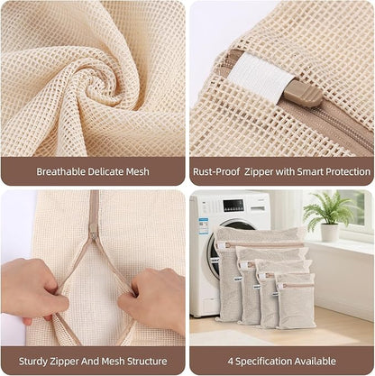 100% Cotton Mesh Laundry Bags, Premium Soft, No Dye, Set of 4, Natural