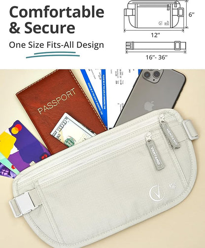 Vantamo Money Belt with RFID For Men & Women, Hidden Passport Holder for Travel, 2 Compartment Travel Fanny Pack for Women Anti Theft