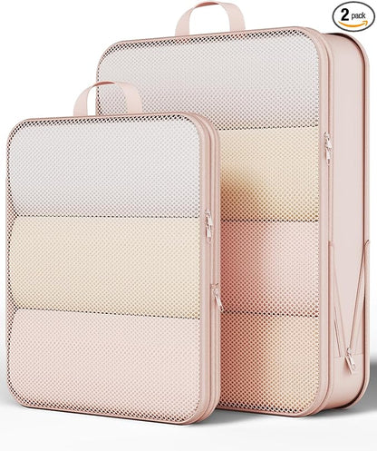 Veken 2/6/9/11 Set Compression Packing Cubes for Travel Essentials,Compressible Expandable Large Luggage Suitcase Organizer Bags for Clothing,Durable Space Saver Storage Bags(Beige)