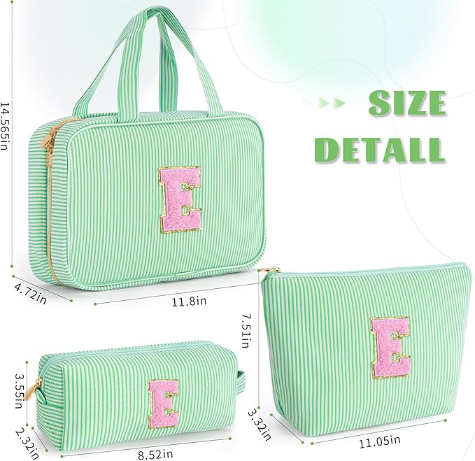 Initial Toiletry Bag for Women - Monogram Cute Makeup Bags Cosmetic Toiletry Pouch Make Up Case for Women Her Friend Friendship Sister Teacher - Green E