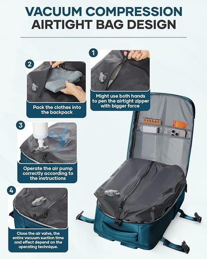 Vacuum Backpack Travel with Pump,Vacuum Seal Bags for Clothing, Shoe Compartment,United Airlines Personal Item Bag 17x10x9,Mochila compresion al vacio,Peacock Blue