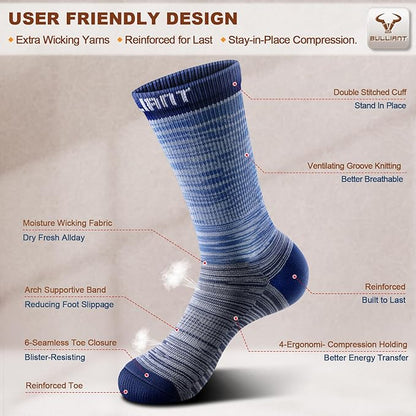 BULLIANT Compression Socks for Men 6Pairs, Athletic Crew Socks Cushioned For Men Sports Running-Arch Support