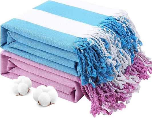 2 PacksOversized Cotton Turkish Beach Towels 74"x38" Thin Quick Dry Sand Free Pool Swim Bathing Towel Extra Large Blanket Adult Travel Essentials Accessories Summer Vacation Blue Purple Stripe