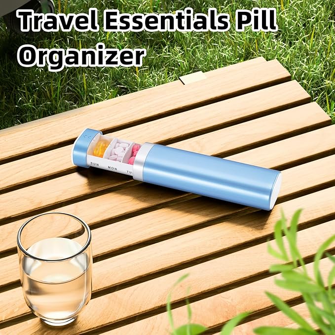 Betife Travel Pill Organizer Weekly 7 Day, Compact Daily Pill Box, Portable Medicine Case, Cute Pill Holder for Vitamins Supplements, Drawer-Shaped Pills Organizer (Blue)