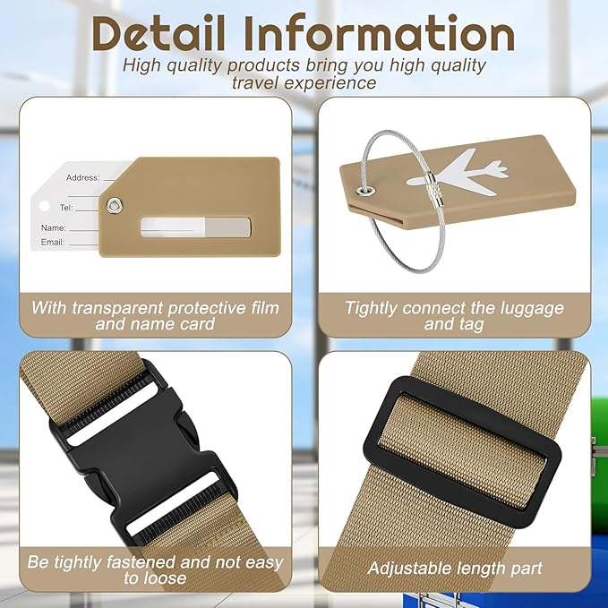 Weewooday 8 Pcs Luggage Straps Suitcase Tags Set for TSA Approved, 4 Travel Adjustable Suitcase Belt, 4 Silicone Luggage Tags with Name ID Card Travel Accessories(Khaki,Airplane)