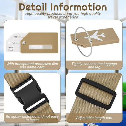 Weewooday 8 Pcs Luggage Straps Suitcase Tags Set for TSA Approved, 4 Travel Adjustable Suitcase Belt, 4 Silicone Luggage Tags with Name ID Card Travel Accessories(Khaki,Airplane)