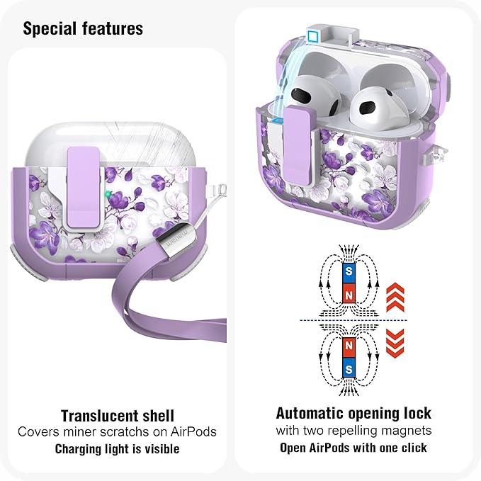 WENEW Case for AirPods 3 Case Cover Secure Lock Automatic Snap Switch Clip Cleaner Kit Lanyard Women Stylish Flower Armour Hard Shell Full Body Front LED Visible (Purple Flower, AirPods 3rd)
