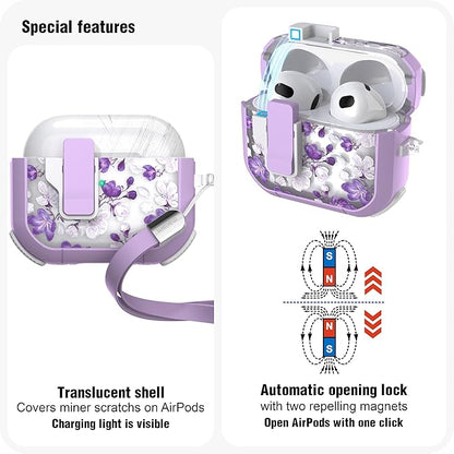 WENEW Case for AirPods 3 Case Cover Secure Lock Automatic Snap Switch Clip Cleaner Kit Lanyard Women Stylish Flower Armour Hard Shell Full Body Front LED Visible (Purple Flower, AirPods 3rd)