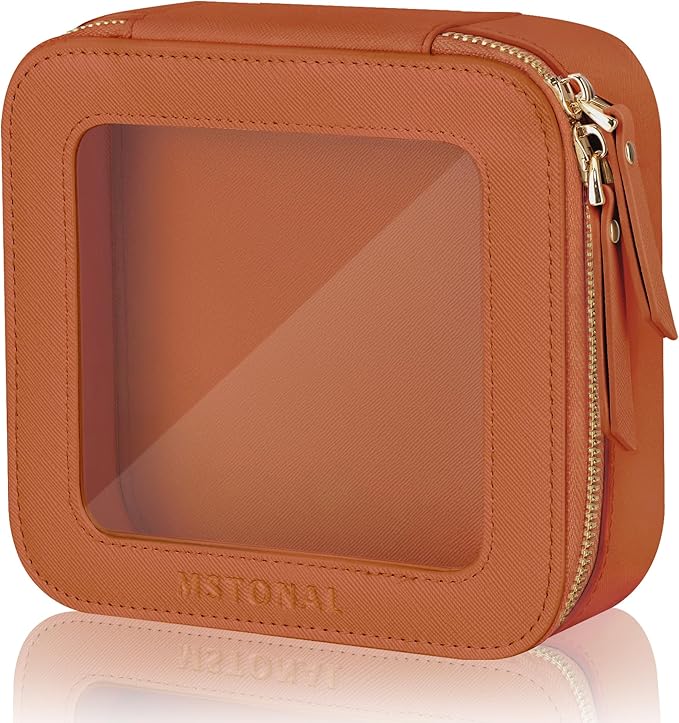 Clear Makeup Bag, Travel Toiletry Bag Cosmetic Case for Women, Waterproof Portable Small Make Up Skincare Pouch with Zipper, Compact Car Organizer Bag for Essentials, Mini Size, Brown