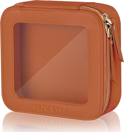 Clear Makeup Bag, Travel Toiletry Bag Cosmetic Case for Women, Waterproof Portable Small Make Up Skincare Pouch with Zipper, Compact Car Organizer Bag for Essentials, Mini Size, Brown