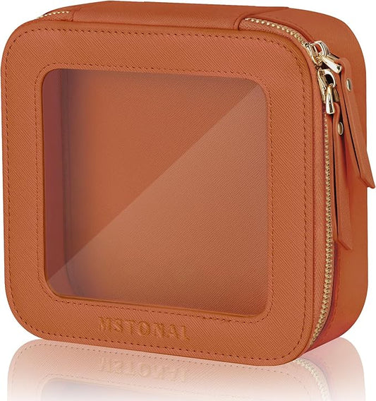 Clear Makeup Bag, Travel Toiletry Bag Cosmetic Case for Women, Waterproof Portable Small Make Up Skincare Pouch with Zipper, Compact Car Organizer Bag for Essentials, Mini Size, Brown