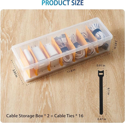 2 Pack Cable Organizer Storage Box with 16 Cable Ties, Clear Phone Charger Organizer Case Wire Organizers for Cords Electronic Storage Box for Drawer Desk Office Home
