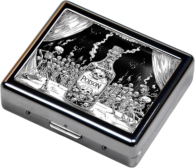 7 Days Chromed Shiny Silver Pill Organizer with Mirror Inside Has 8 Separate Compartments Rectangle Cute Travel Pill Organizer for Purse 7 Days (A Flock of Skeletons)