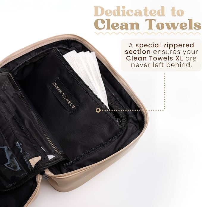 CLEAN SKIN CLUB Clean Towels XL Dedicated Travel Cosmetic Makeup Bag, Portable Large Capacity Beauty Toiletry Water Resistant Organizer Case with Dividers, Zipped Compartments