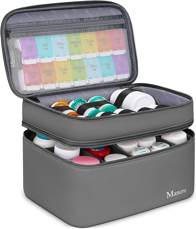 Mancro First Aid Bag Empty with Lockable Zipper, Dual Layers Pill Bottle Organizer Storage for Home, Medication Travel Bag for Pills, Vitamins, Emergency Supplies, Travel, Grey
