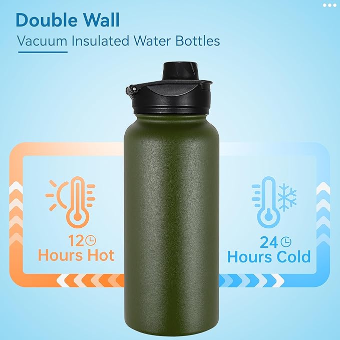 VEGOND 32 oz Insulated Water Bottle Stainless Steel Metal Water Bottles with Leak Proof Straw Lid & Spout Lid, Wide Mouth Double Walled Vacuum Travel Sports Bottle, Army Green